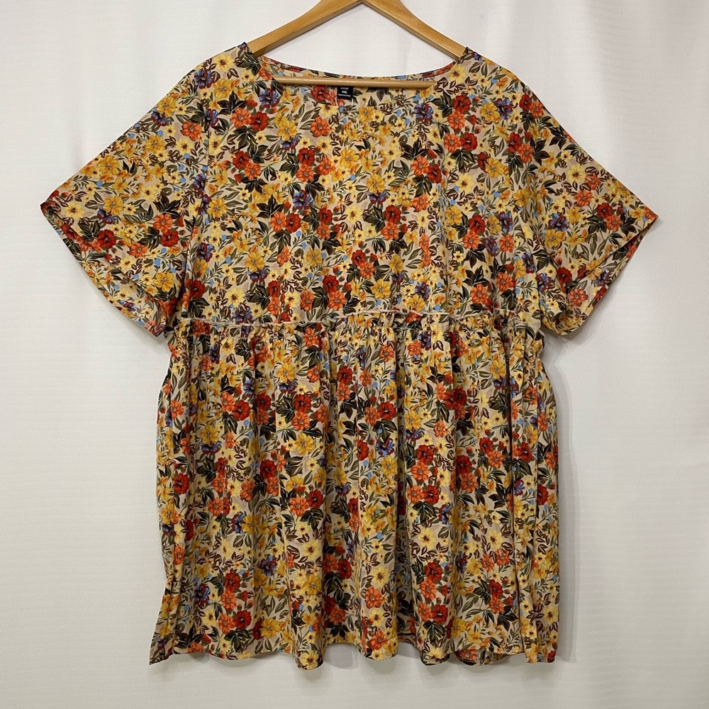 Shein Curve Plus Size 4XL Floral Babydoll Shirt Short Sleeve Yellow Multicolor
